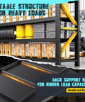 Heavy Duty Metal Garage Shelving 79 Inch Wide 4 Tier Adjustable Storage Rack Matrix Frame with stacked boxes and tires.
