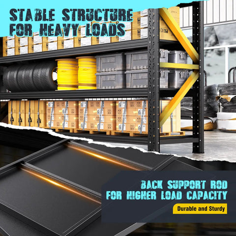 Heavy Duty Metal Garage Shelving 79 Inch Wide 4 Tier Adjustable Storage Rack Matrix Frame with stacked boxes and tires.