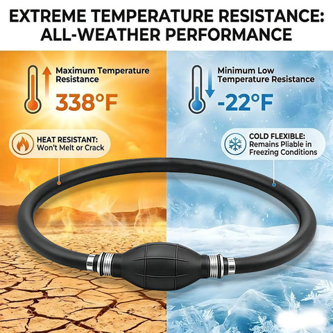 Boat Fuel Line With Bulb Primer Pump showing extreme temperature resistance -22°F to 338°F, durable for all-weather use.