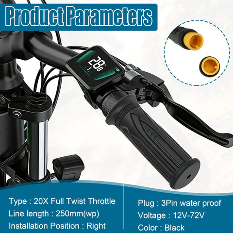 20X Full Twist Throttle Grip With Waterproof Connector For Ebikes 12V-72V Rugged Rubber Grip For Electric Bikes, E-Scooters, Mountain Bikes And Scooters