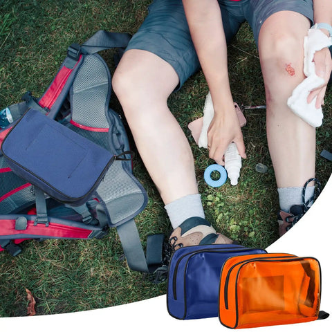 Person using Five Color Five Pack First Aid Kit Bags Set, Zippered Emergency Medical Pouches With Transparent Window outdoors.