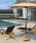 Teak Finish Patio Umbrella Base With Four Wheels, 44 Lb Round Heavy Duty Concrete Stand in poolside setting