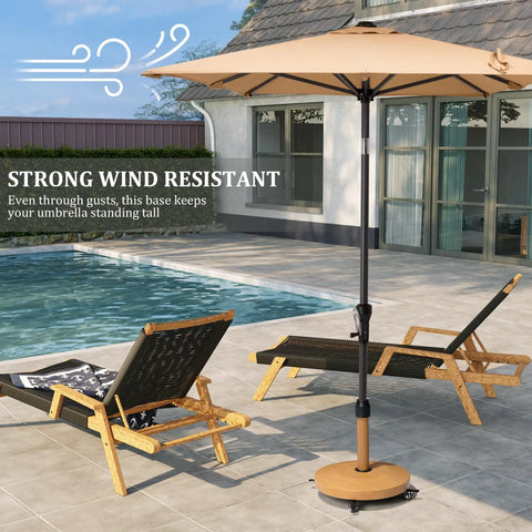 Teak Finish Patio Umbrella Base With Four Wheels, 44 Lb Round Heavy Duty Concrete Stand in poolside setting