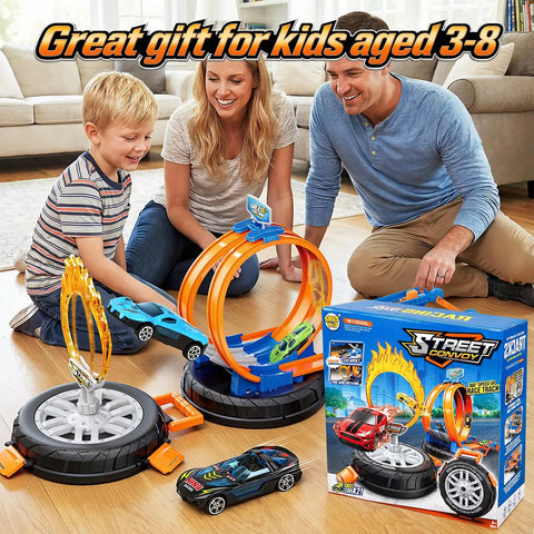 Family enjoying Rad Epic 360 Degree Loop Race Car Track Set With Fire Ring Stunt Includes Four One To Sixty Four Scale Cars A Kid Friendly Gift For Boys And Girls Ages Three To Eight