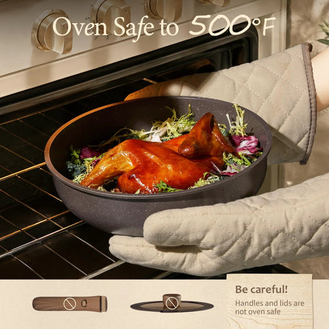 27 Piece Nonstick Pots And Pans Set With Detachable Handle, oven safe dish with roast chicken in oven, matching focus keyword.