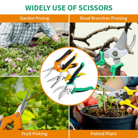 3 Pack Garden Pruning Shears Set With Stainless Steel Blades displayed with examples in garden and potted plant care.