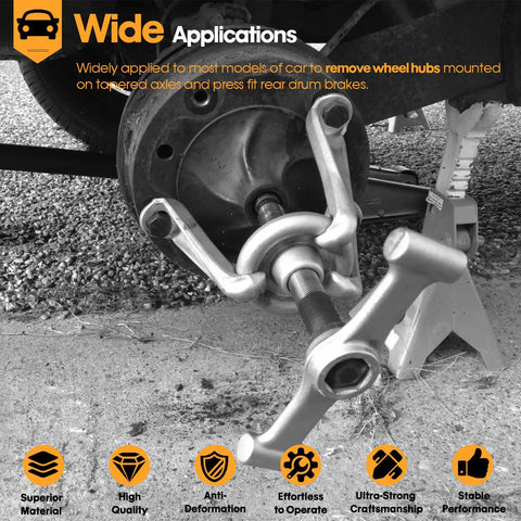 Universal Wheel Hub Puller Removal Tool For Cars Tough As Nails Heavy Duty Steel Build with 1-1/8 Hex Drive in use on car hub