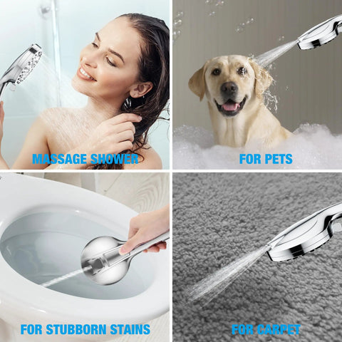 High Pressure Handheld Shower Head With 8 Massage Settings And 2 Jet Modes, used for showering, pet bathing, and cleaning.