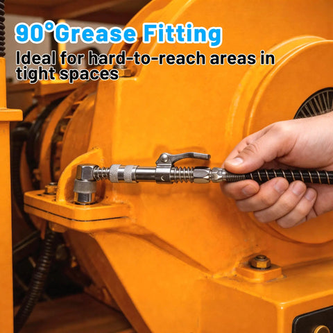 90 degree coupler of Beefed Up 8000 PSI Heavy Duty Pistol Grip Grease Gun Kit with 14 oz capacity, attached to machinery