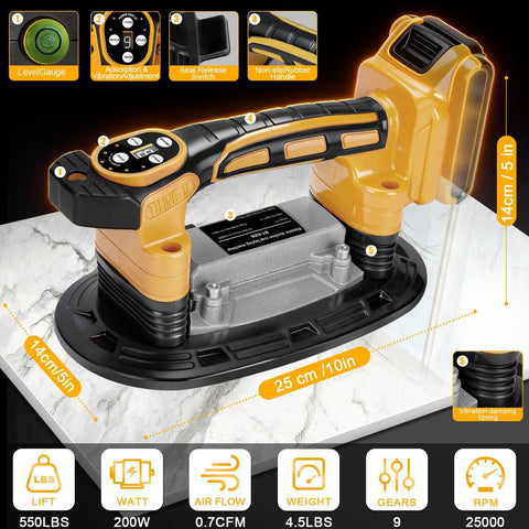 Heavy Duty Tile Vibration Tool With 9-Inch Suction Cup Delivers 551 Lbs Lift shown on marble surface