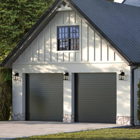 Garage with installed 2 Light Outdoor Wall Lantern with Clear Beveled Glass, Traditional Farmhouse Style, Textured Black Finish