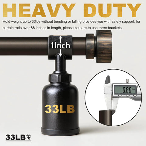 Heavy duty Modern Antique Brown Bronze Curtain Rod Set For Windows 66 To 120 Inches Built Tough 1 Inch Diameter with measurement