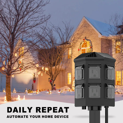 Tough As Nails 24 Hour Mechanical Outdoor Timer With Six Grounded Outlets and Six Foot Extension Cord For Garden Lighting and Patio Setup, black with illuminated home background.