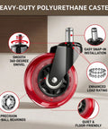 Premium Three Inch Office Chair Wheels In Bold Red Set Of Five Featuring Universal Standard Stems for smooth 360-degree swivel and easy installation.