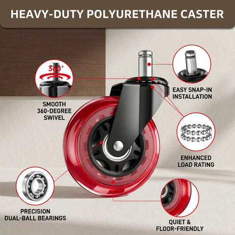 Premium Three Inch Office Chair Wheels In Bold Red Set Of Five Featuring Universal Standard Stems for smooth 360-degree swivel and easy installation.