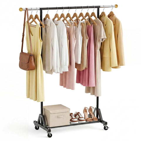 Dope Rolling Garment Rack With Retractable Hanging Rods, Lockable Wheels And Bottom Storage Shelf, Freestanding Clothes Organizer