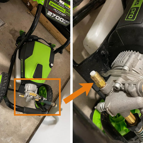 Installed 1/4 inch NPT thermal relief valve on pressure washer pump; brass body with white cap and threaded fittings.