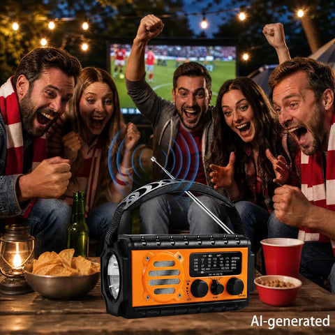 People celebrating outdoors with Emergency Weather Radio With Hand Crank And Solar Charging NOAA Alerts on a table