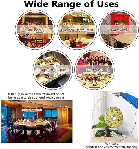 Collage showing Lazy Susan Turntable 360 Degree Rotating Glass Tray in various settings: hotels, restaurants, home, farmyard.