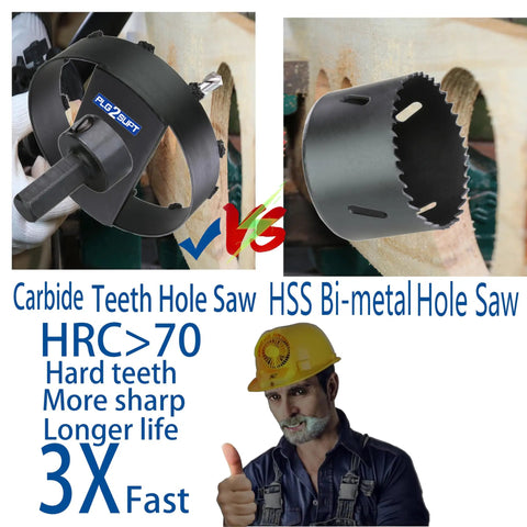Tough As Nails Carbide Grit Hole Saw Drill Bit for 4 3/8 and 6 3/8 inch lights, comparing carbide teeth vs bi-metal hole saw.