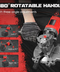 Heavy Duty Cordless Rebar Cutter For Up To 3/2 Inch Steel Rods showing 180° rotatable handle with three angle adjustments.