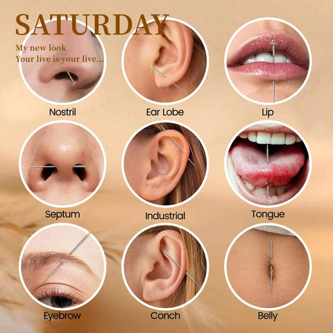 Various piercing types including nostril, ear lobe, lip, septum, industrial, tongue, eyebrow, conch, belly; usage of kit.