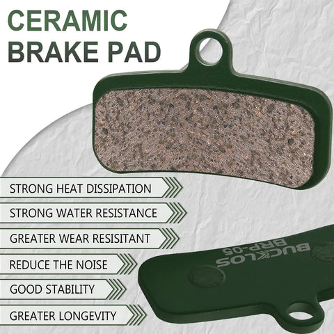 All Weather Bike Disc Brake Pads for 4 Piston Calipers, Ceramic, showing texture and benefits for Shimano compatibility.