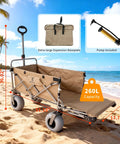 Beach Wagon With Big 10 Inch Balloon Wheels For Sand And All Terrain, Heavy Duty Foldable Cart With Pump And 260L Capacity