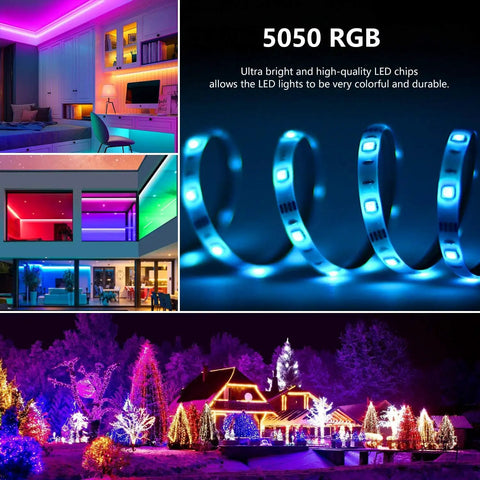 LED Strip Light Kit With Music Sync Sixteen Point Four Feet USB Powered Waterproof RGB 5050 Color Changing LED in various settings
