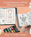 All In One Hand Embroidery Book Kit For Adults And DIY Craft Lovers 106 Illustrated Stitch Patterns With No Fuss Step By Step Tutorials shown open with tools and diagrams