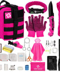 Emergency Survival Kit And First Aid Kit For Women With A Tactical MOLLE Pouch and pink self-defense gear items displayed.