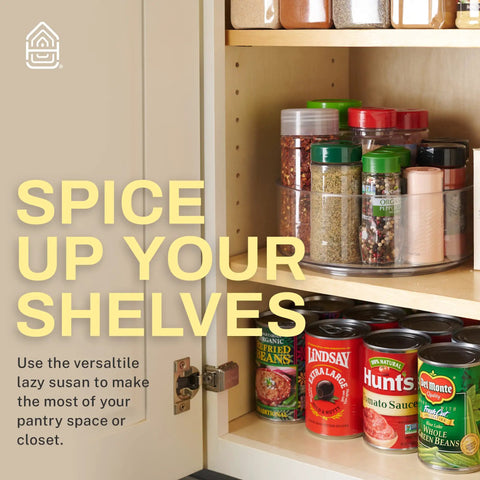 Clear Round Lazy Susan Turntable for Kitchen Storage, 9 Inch Spin Organizer holding spices in pantry cabinet