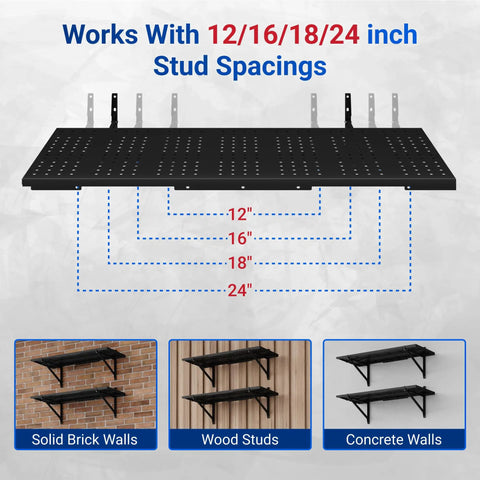 Two Pack 1x6ft Perforated Garage Shelving System With Beefy Duty Wall Shelves 1400 Lbs Total Load 700 Lbs Per Tier Two 1x3 Ft Shelves Per Tier Easy Mount Great For Quick No Nonsense Garage Organization, black perforated wall shelf for 12/16/18/24 in stud spacing