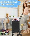 Woman using Beast Folding Stair Climber Cart With Waterproof Bag, Lightweight Utility Wagon for laundry in a bright room.