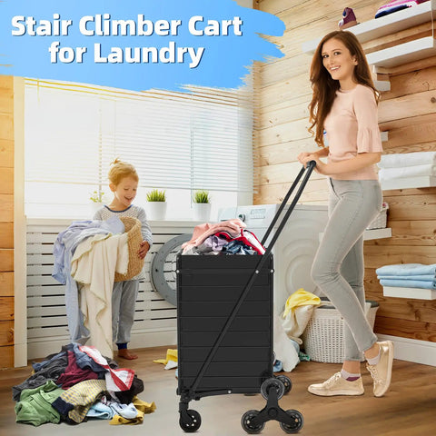 Woman using Beast Folding Stair Climber Cart With Waterproof Bag, Lightweight Utility Wagon for laundry in a bright room.