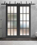 2 Panel Bypass Sliding Doors Kit With Frosted Glass And Solid Wood In Black, Interior Barn Style installed in modern living room