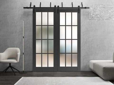 2 Panel Bypass Sliding Doors Kit With Frosted Glass And Solid Wood In Black, Interior Barn Style installed in modern living room