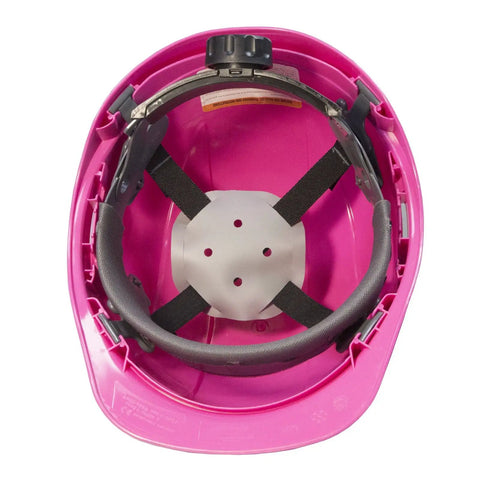 Inside view of Safety Hard Hat With ANSI Z89.1 2014 Type I Class E protection, showing 4-point ratchet suspension system.