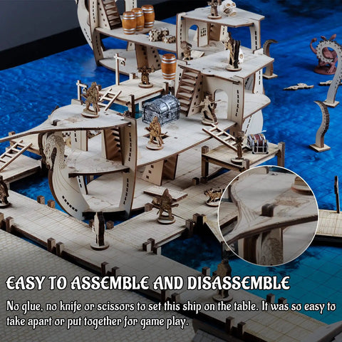 DND Ship Miniature With Three Level Wooden Naval Battle Terrain Map For Roleplay Campaigns with close-up of assembly details.