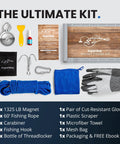 AnglerMag magnet fishing kit, 1325 lb magnet with rope, carabiner, grappling hook, gloves, towel, bags, crate