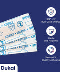 Front view of white Dukal adhesive bandages, 3/4 in x 3 in, sterile breathable sheer strips in a bulk case.
