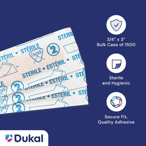 Front view of white Dukal adhesive bandages, 3/4 in x 3 in, sterile breathable sheer strips in a bulk case.