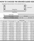 Diagram showing how to choose drawer slides size, featuring measurements for Heavy Duty Locking Drawer Slides 150 Lb Load Capacity.