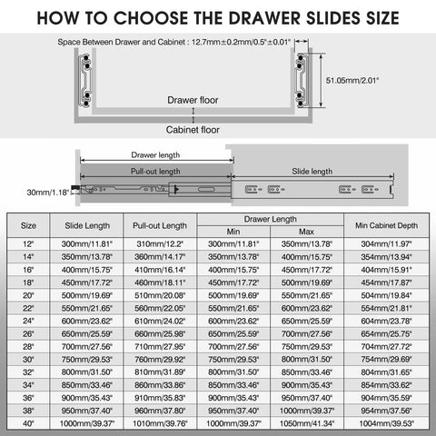 Diagram showing how to choose drawer slides size, featuring measurements for Heavy Duty Locking Drawer Slides 150 Lb Load Capacity.