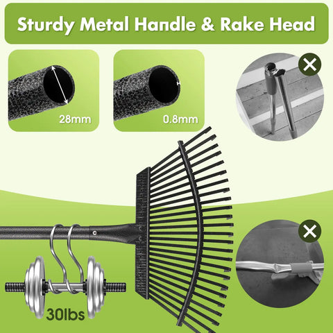 Heavy Duty Leaf Rake For Lawns And Yards With 65 Inch Adjustable Handle And 18 Inch Wide Head 25 Metal Tines
