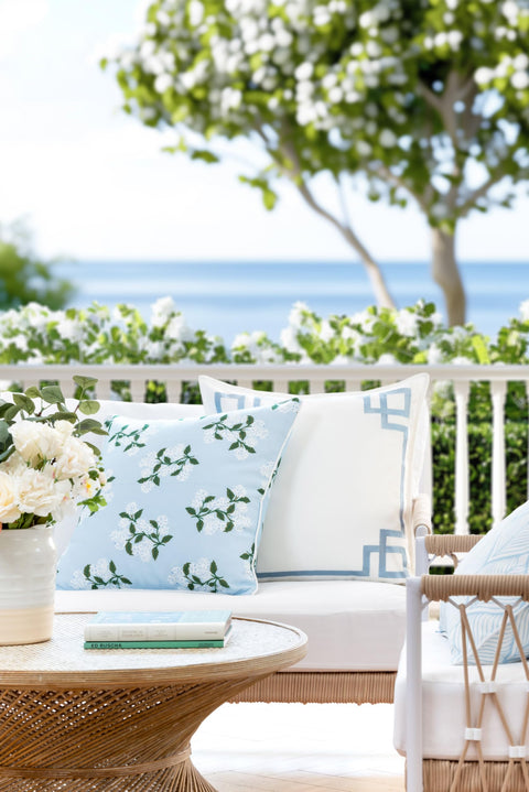 Coastal Throw Pillow Cover 20x20 Outdoor Indoor Ready For Patios And Couches With Baby Blue Embroidered Frame Greek Key