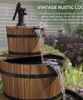 Rustic Wood Barrel 3 Tier Outdoor Water Fountain With Electric Hand Pump Cascading Waterfall for gardens and patios.