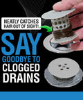 Bathtub Drain Hair Catcher In-Drain Tub Strainer Clog Prevention, Easy Clean, held showing hair capture, fits 1.4-1.75-inch drains.