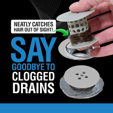 Bathtub Drain Hair Catcher In-Drain Tub Strainer Clog Prevention, Easy Clean, held showing hair capture, fits 1.4-1.75-inch drains.