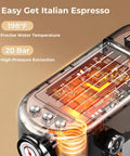 Close-up of the top panel of an espresso machine showing controls and internal electronics, highlighting 20 bar pressure.